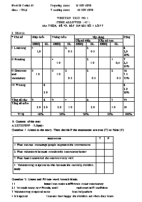 Ma trận và đề kiểm tra 1 tiết số 1 môn Tiếng Anh Lớp 7 - Năm học 2018-2019 (Có đáp án)